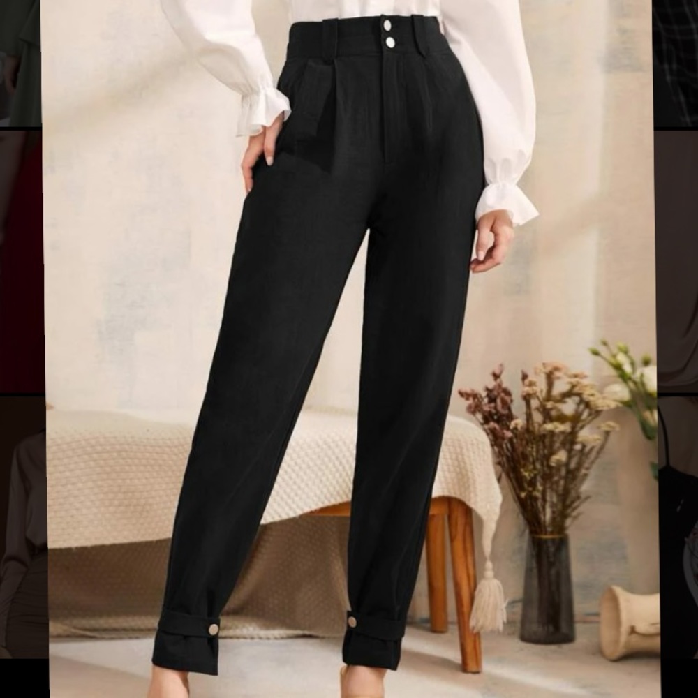High Waist Solid Plicated Tab Hem Pants